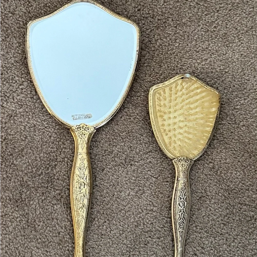Elegant Gold Floral Mirror & Brush Set